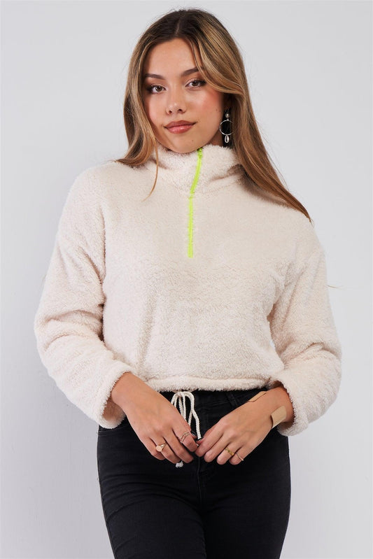 Cream Soft Plush Collared Neon Yellow Zip-Up Neckline Detail Relaxed Fit Crop Sweater /3-2-1