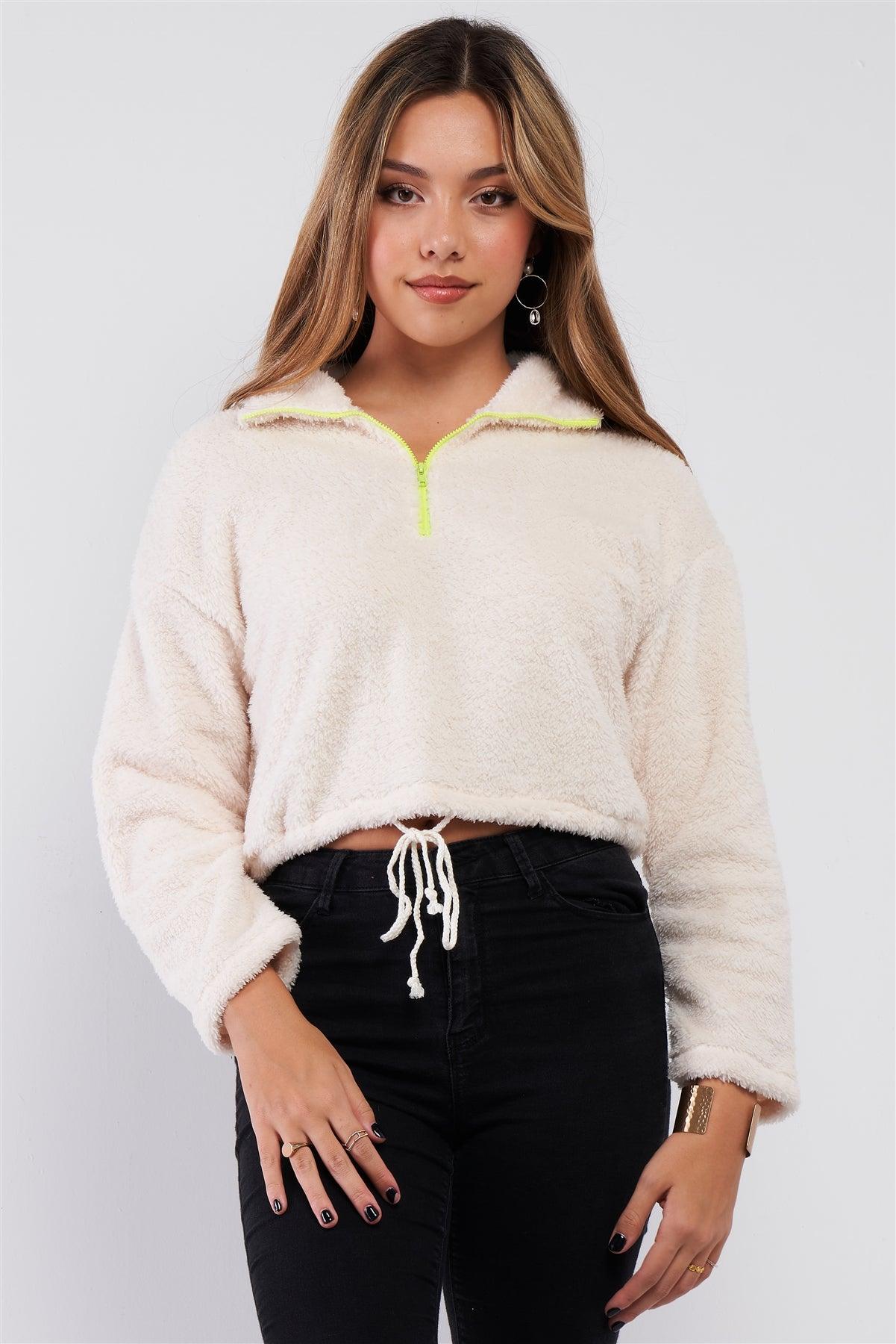 Cream Soft Plush Collared Neon Yellow Zip-Up Neckline Detail Relaxed Fit Crop Sweater /3-2-1