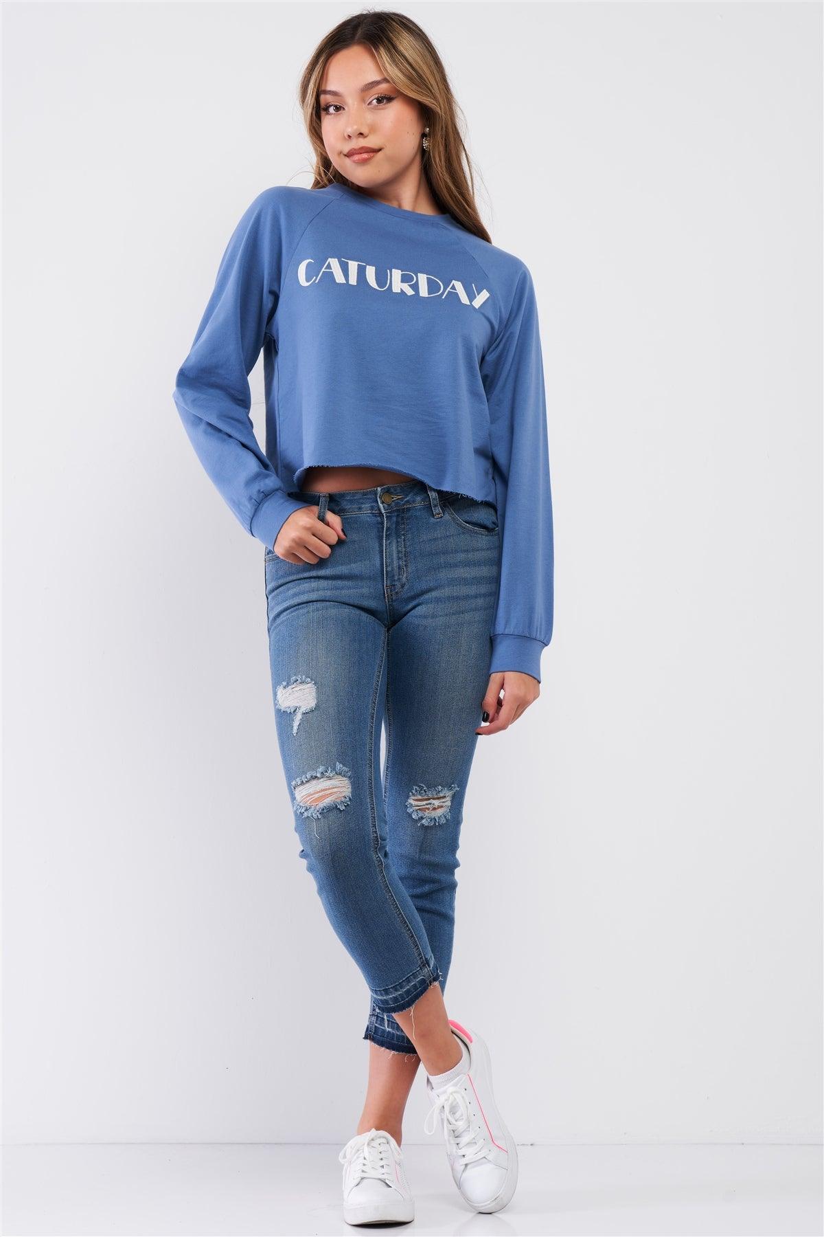 Dusty Blue Embroidered "Caturday" Long Sleeve Round Neck Cropped Sweater /3-2-1