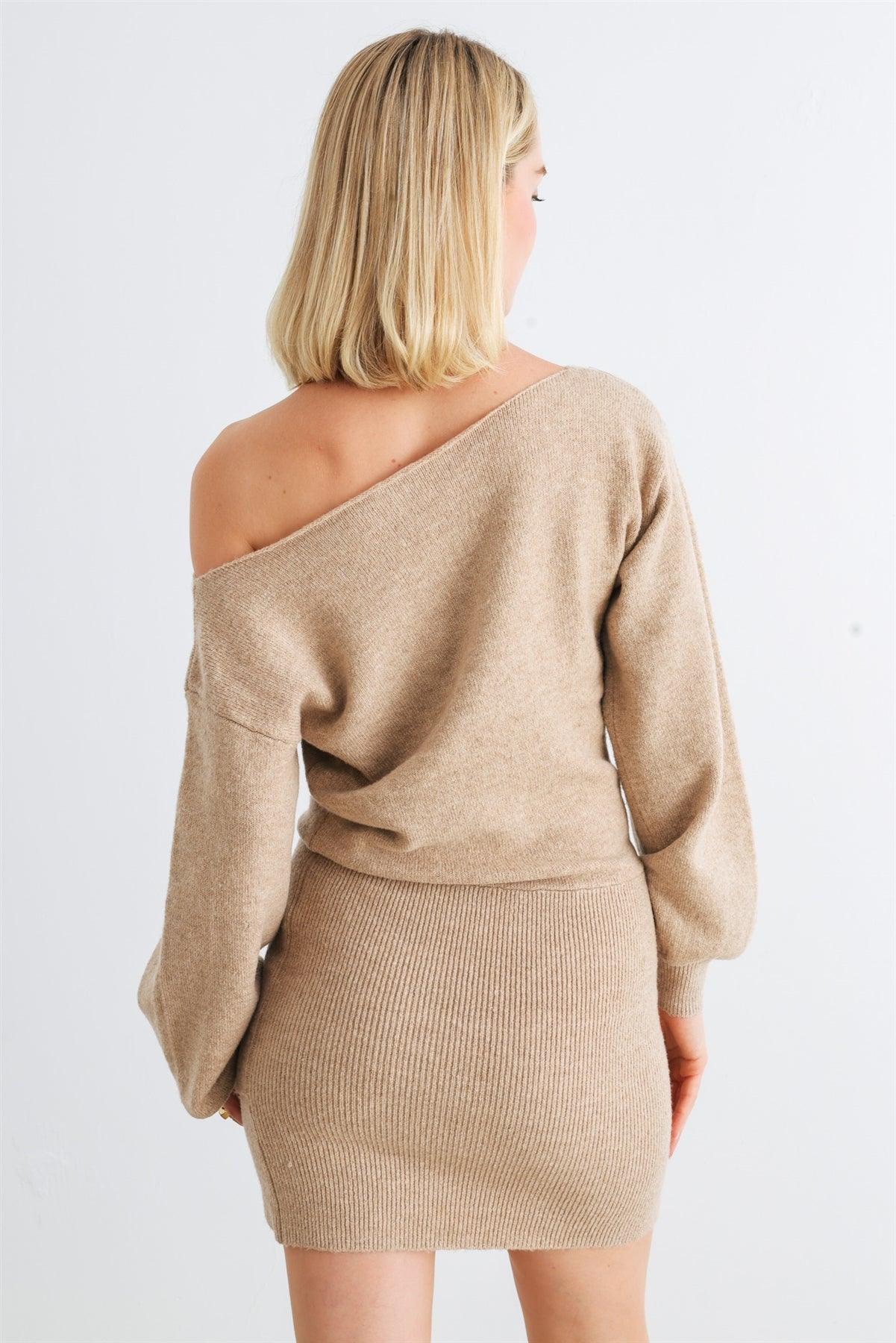 Tan Knit Puff Long Sleeve Wrap Hem Mini Dress /1-1-2-1