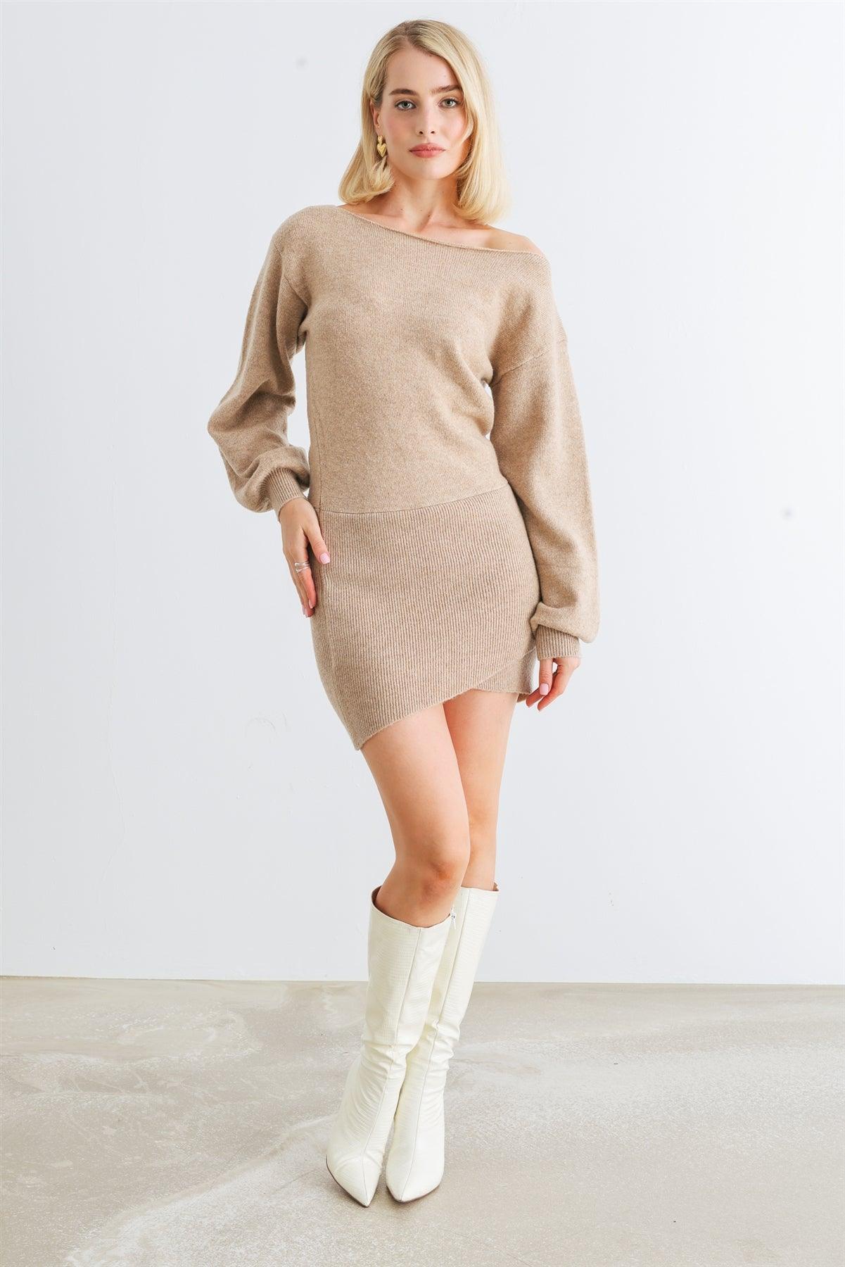 Tan Knit Puff Long Sleeve Wrap Hem Mini Dress /1-1-2-1