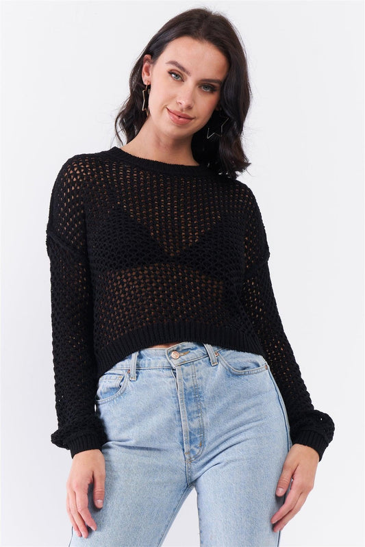 Black Open Knit Round Neck Relaxed Fit Sweater /3-2-1