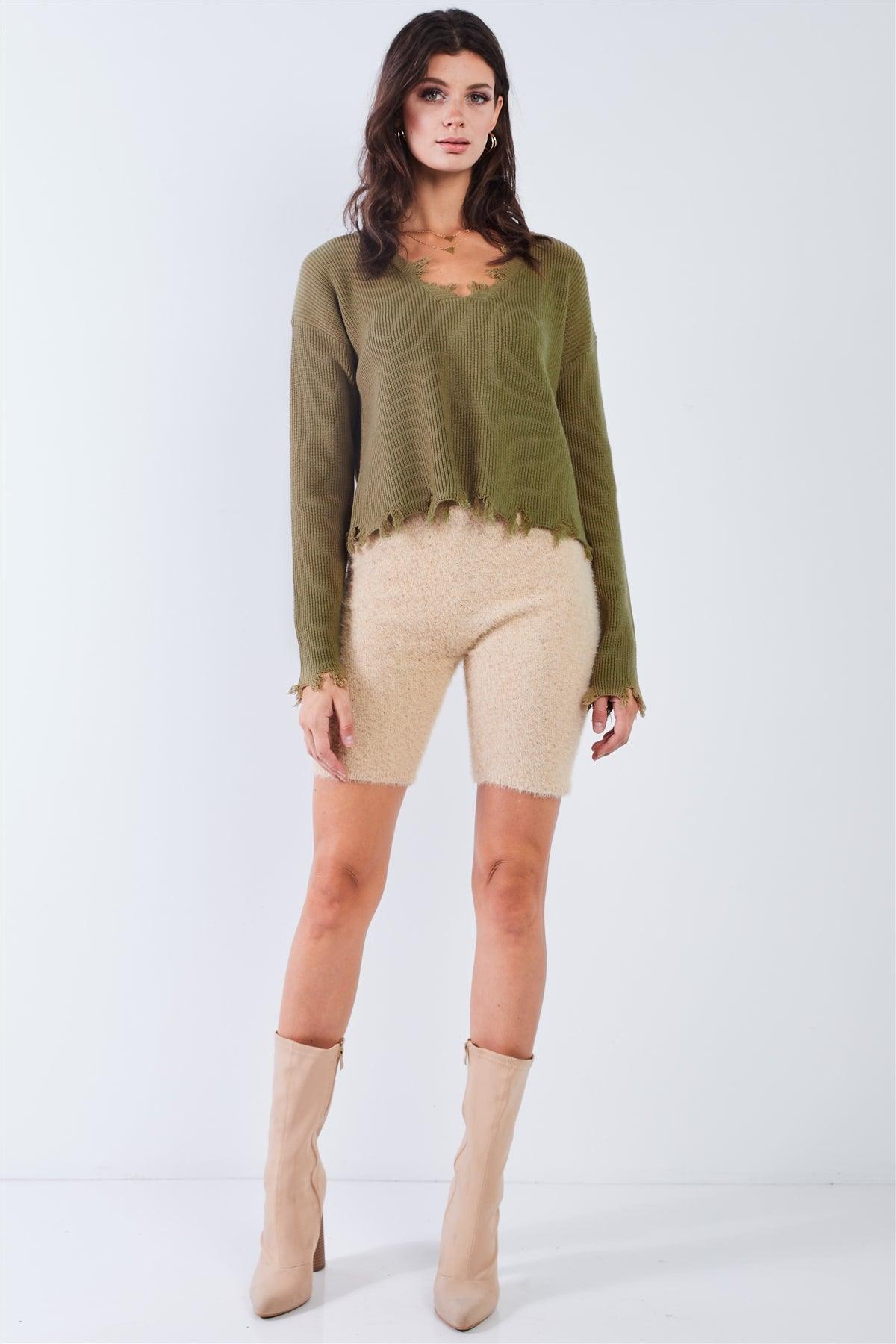 Fern Green Knit Drop Shoulder Long Sleeve V-Neck Distressed Fringe Hem Crop Sweater /3-2-1