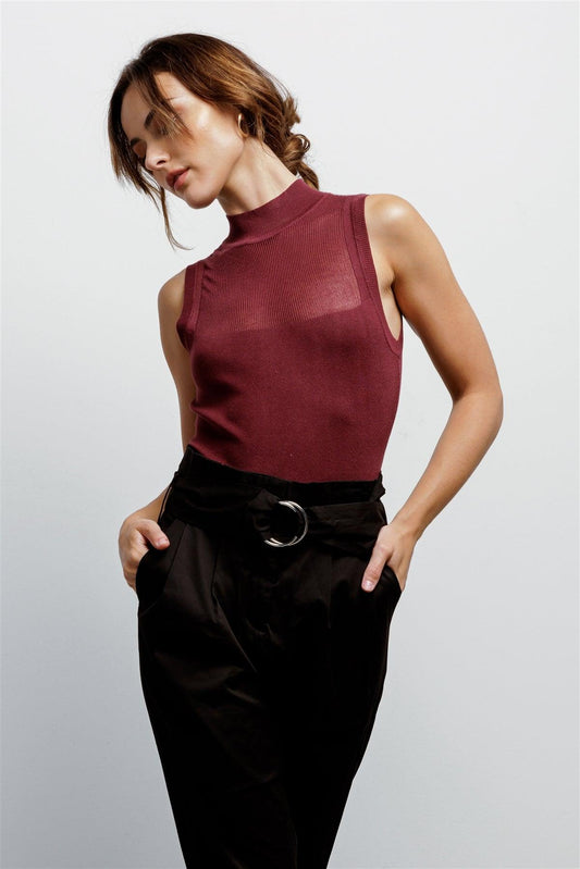 Wine Knit Mock Neck Sleeveless Bodysuit /3-2-1