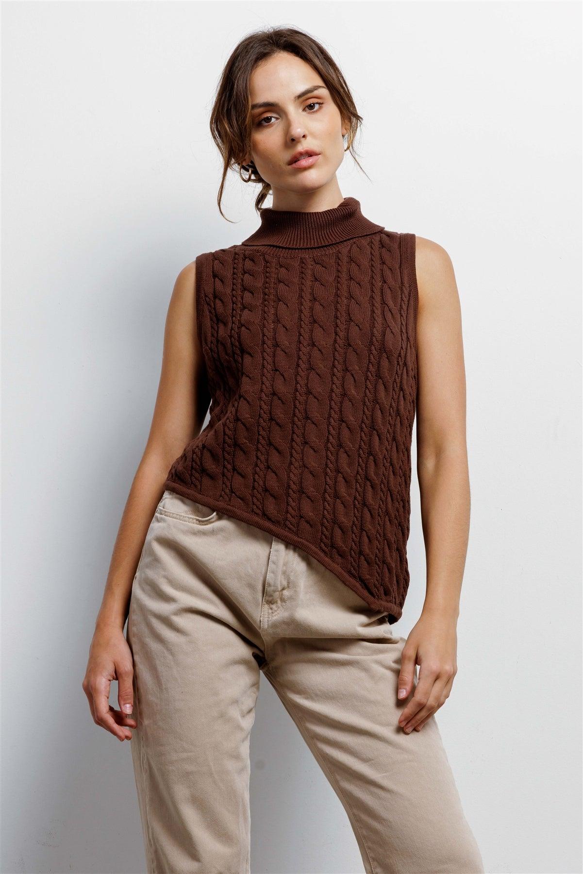 Chocolate Cotton Cable Knit Turtle Neck Sleeveless Asymmetrical Hem Top /3-2-1