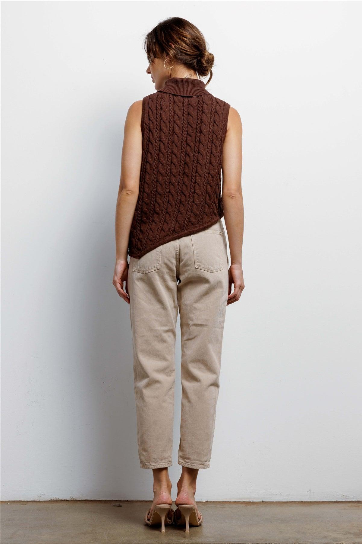 Chocolate Cotton Cable Knit Turtle Neck Sleeveless Asymmetrical Hem Top /3-2-1