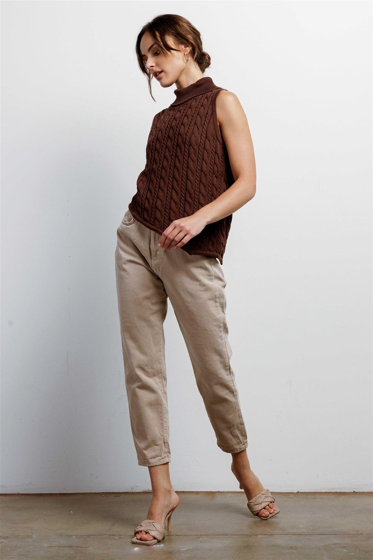 Chocolate Cotton Cable Knit Turtle Neck Sleeveless Asymmetrical Hem Top /3-2-1