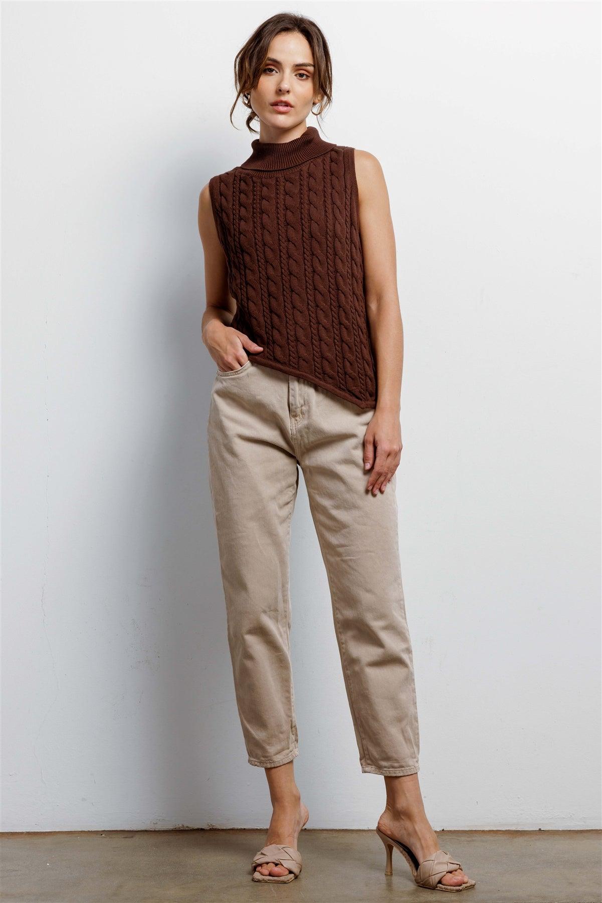 Chocolate Cotton Cable Knit Turtle Neck Sleeveless Asymmetrical Hem Top /3-2-1