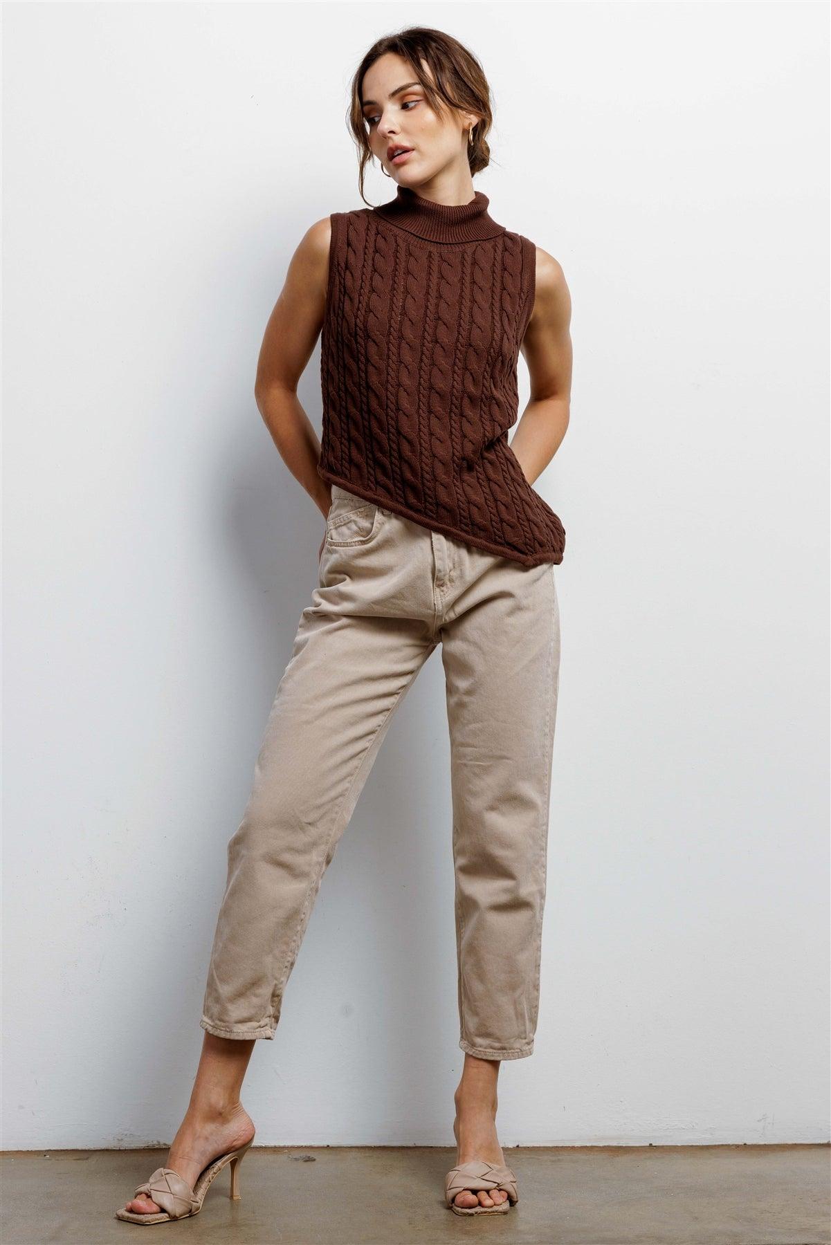 Chocolate Cotton Cable Knit Turtle Neck Sleeveless Asymmetrical Hem Top /3-2-1