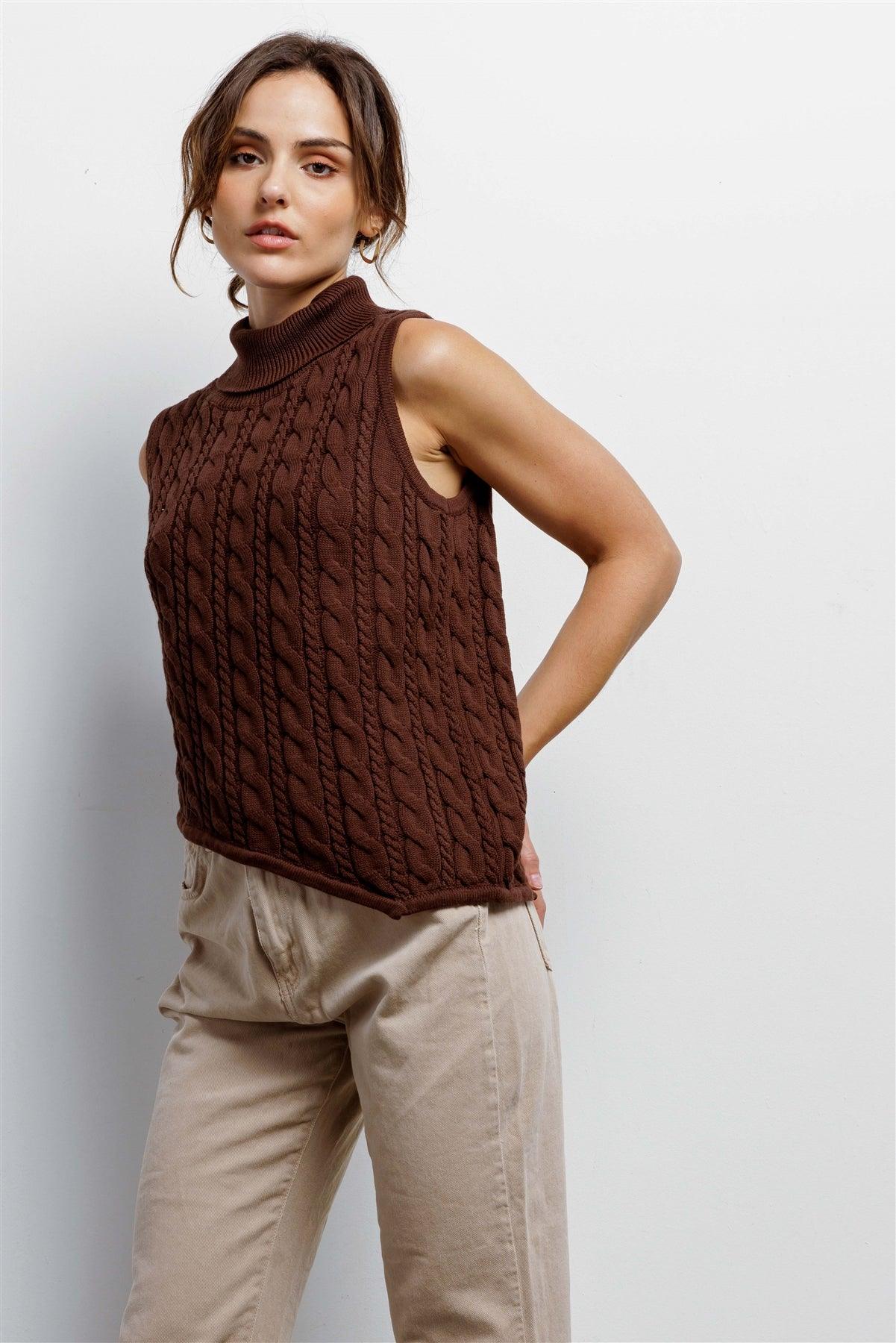 Chocolate Cotton Cable Knit Turtle Neck Sleeveless Asymmetrical Hem Top /3-2-1