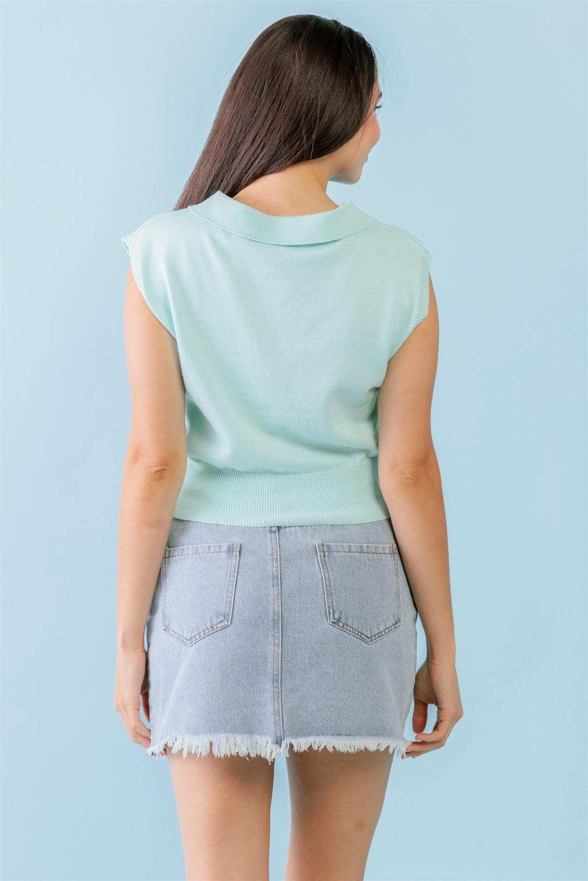 Aqua Sleeveless Collared Neck Crop Top /2-2-1