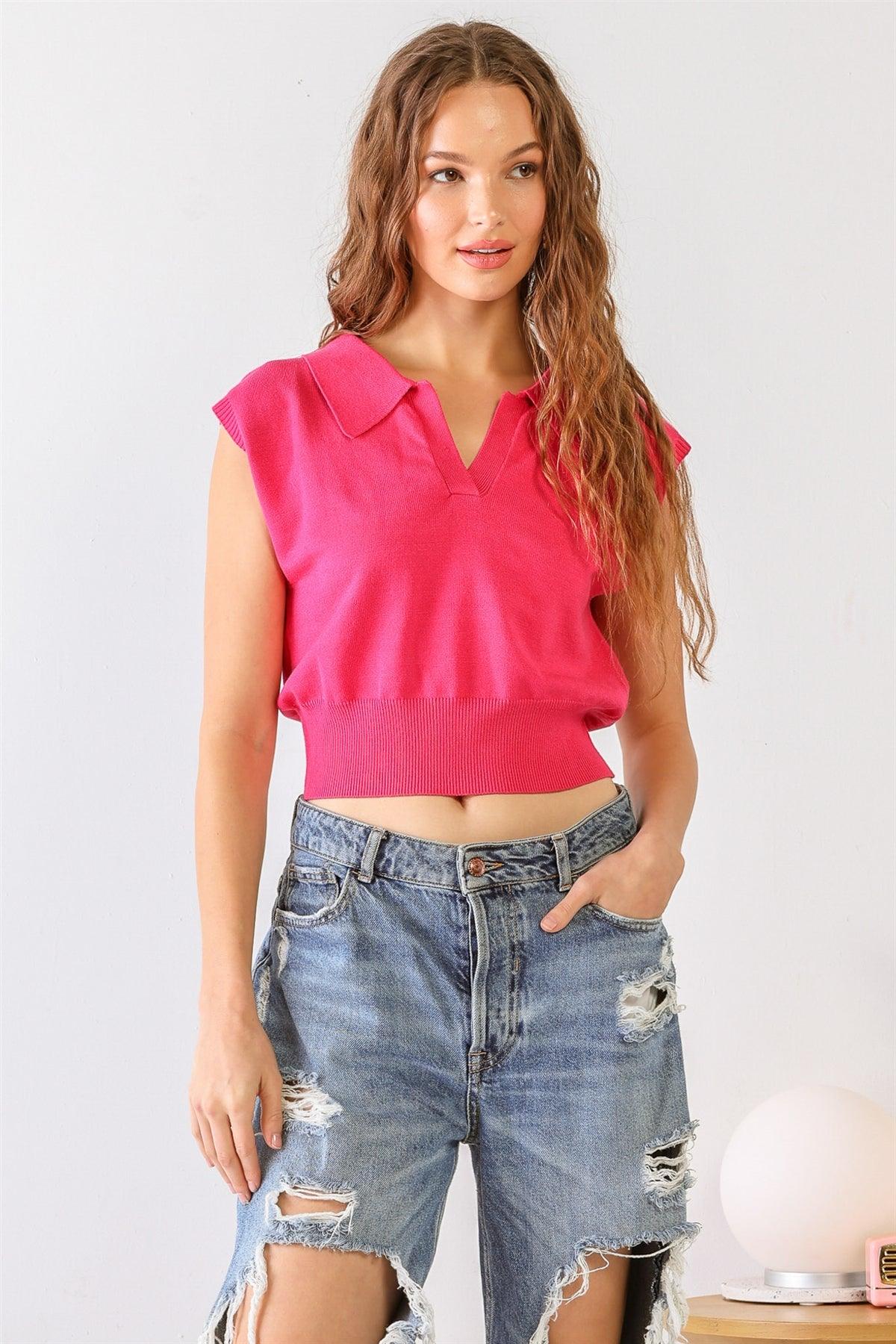 Fuchsia Sleeveless Collared Neck Crop Top /2-2-1