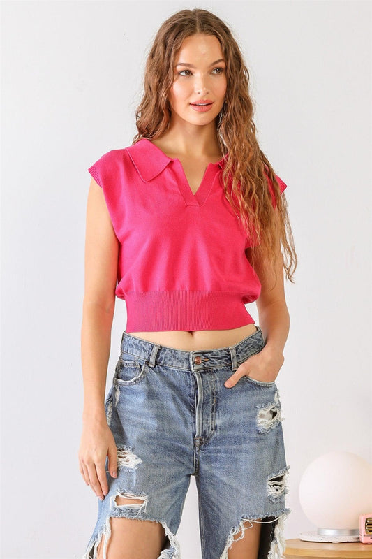 Fuchsia Sleeveless Collared Neck Crop Top /2-2-1