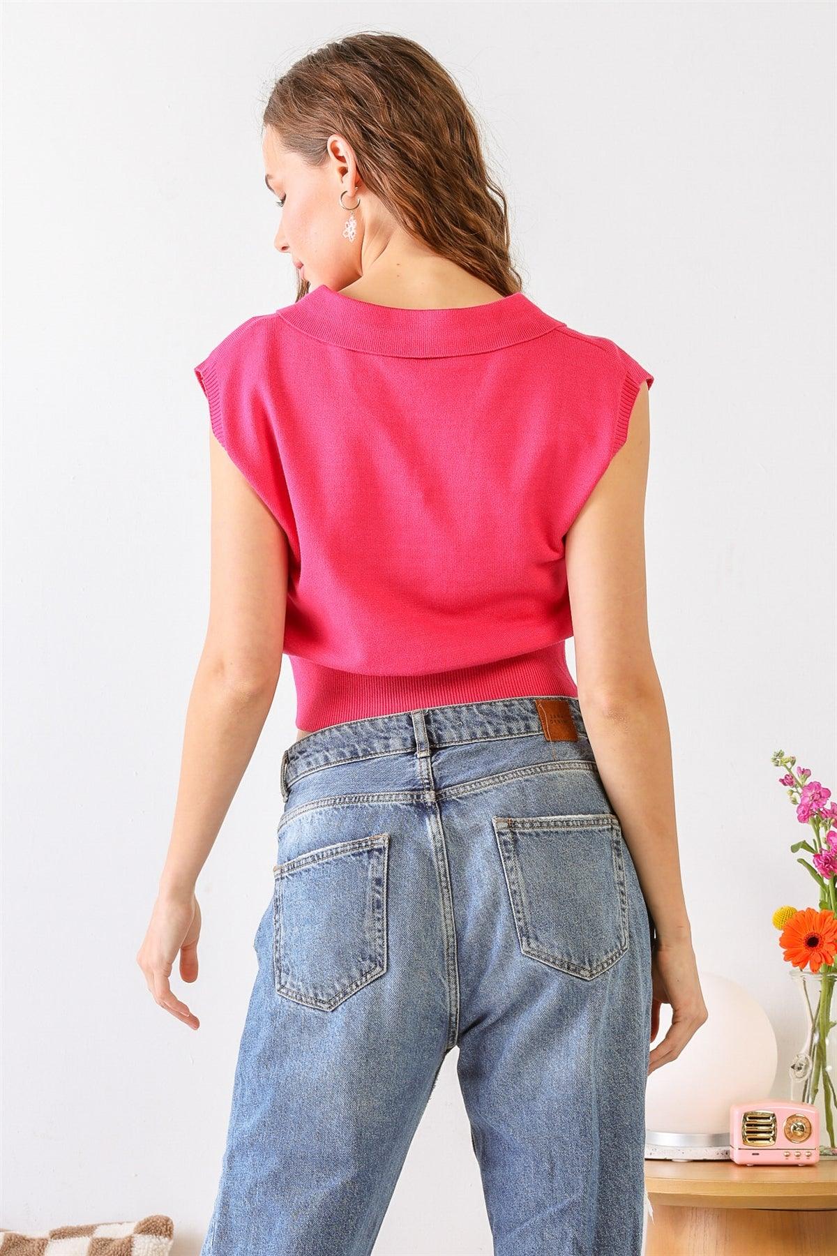 Fuchsia Sleeveless Collared Neck Crop Top /2-2-1