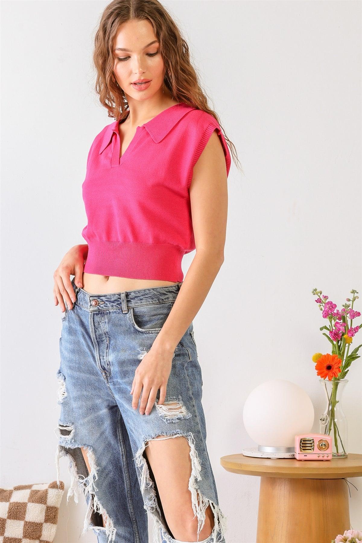 Fuchsia Sleeveless Collared Neck Crop Top /2-2-1