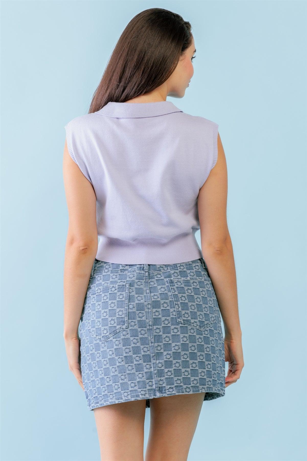 Lavender Sleeveless Collared Neck Crop Top /2-2-1