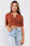 Chocolate Cable Knit Button Down Round Neck Crop Top /3-2-1