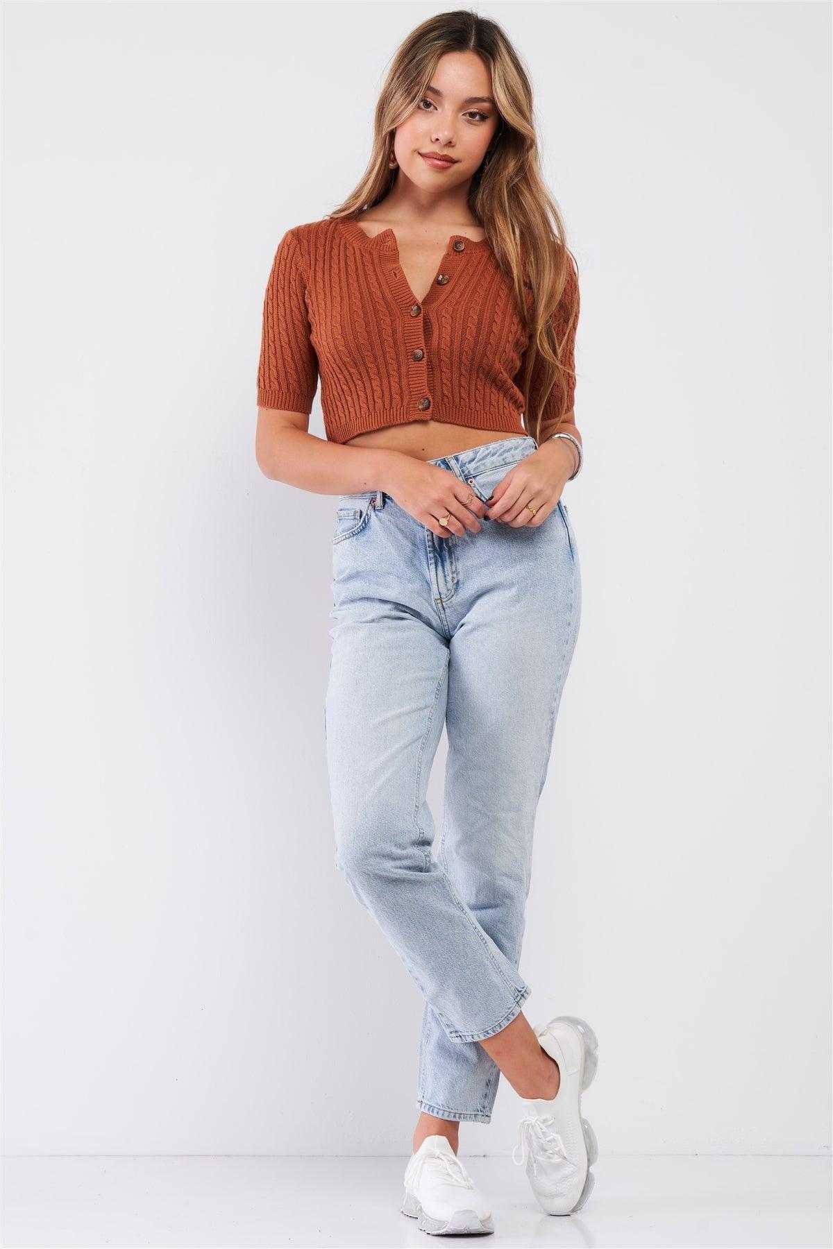 Chocolate Cable Knit Button Down Round Neck Crop Top /3-2-1