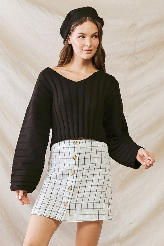 Black Knit Ribbed Viscose Blend Long Sleeve Crop Sweater /1-2-2-1