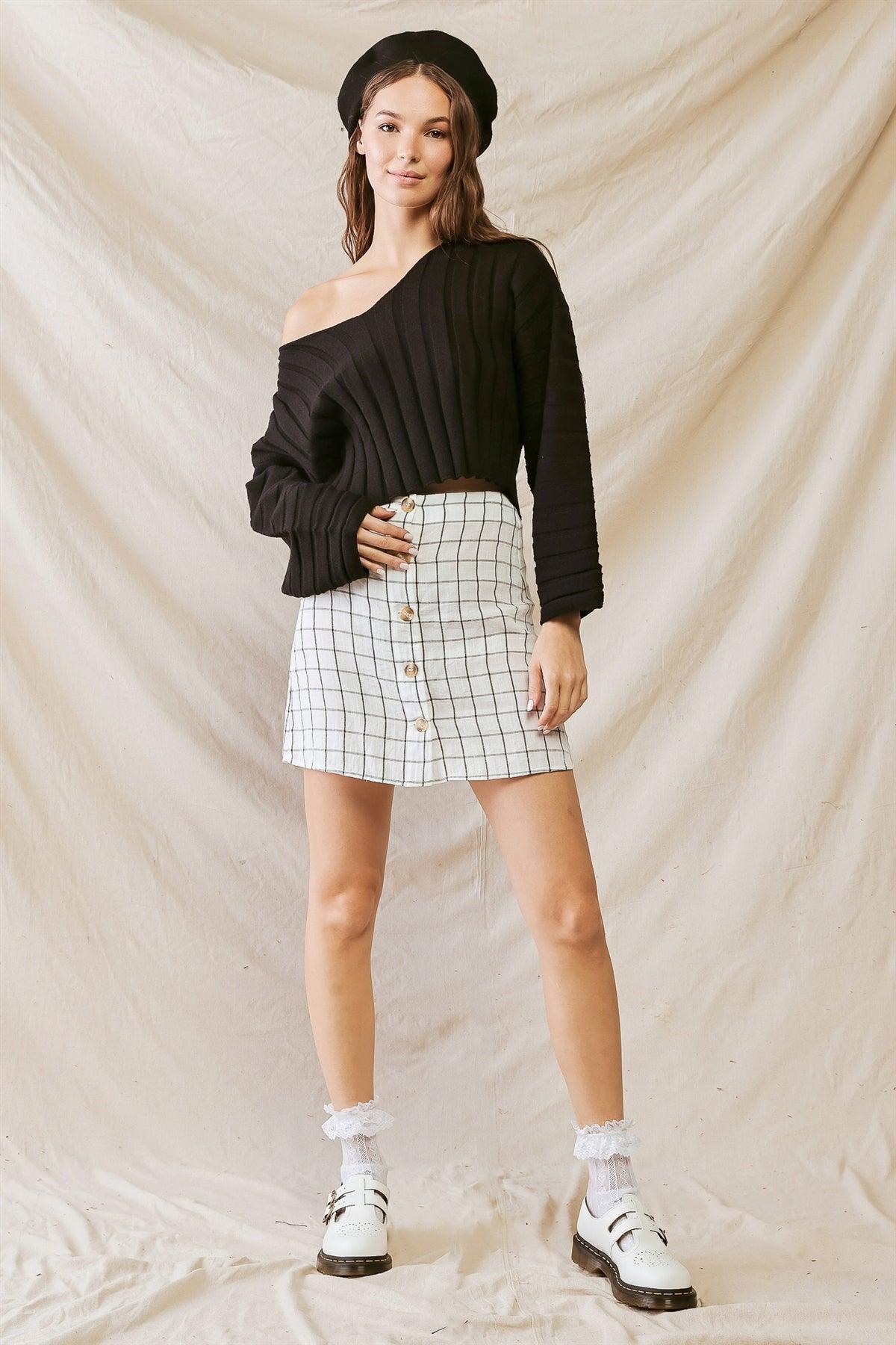 Black Knit Ribbed Viscose Blend Long Sleeve Crop Sweater /1-2-2-1