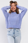 Lavender Blue Plush Cable Knit Ribbed Mock Neck Detail Crop Sweater /3-2-1