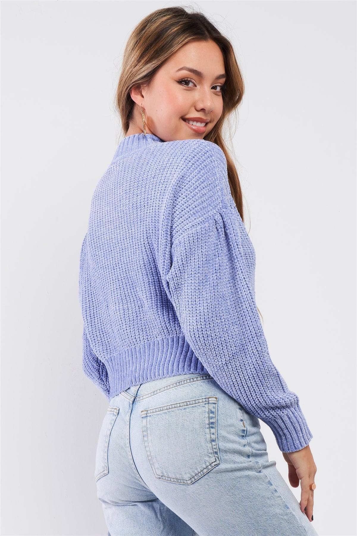 Lavender Blue Plush Cable Knit Ribbed Mock Neck Detail Crop Sweater /3-2-1