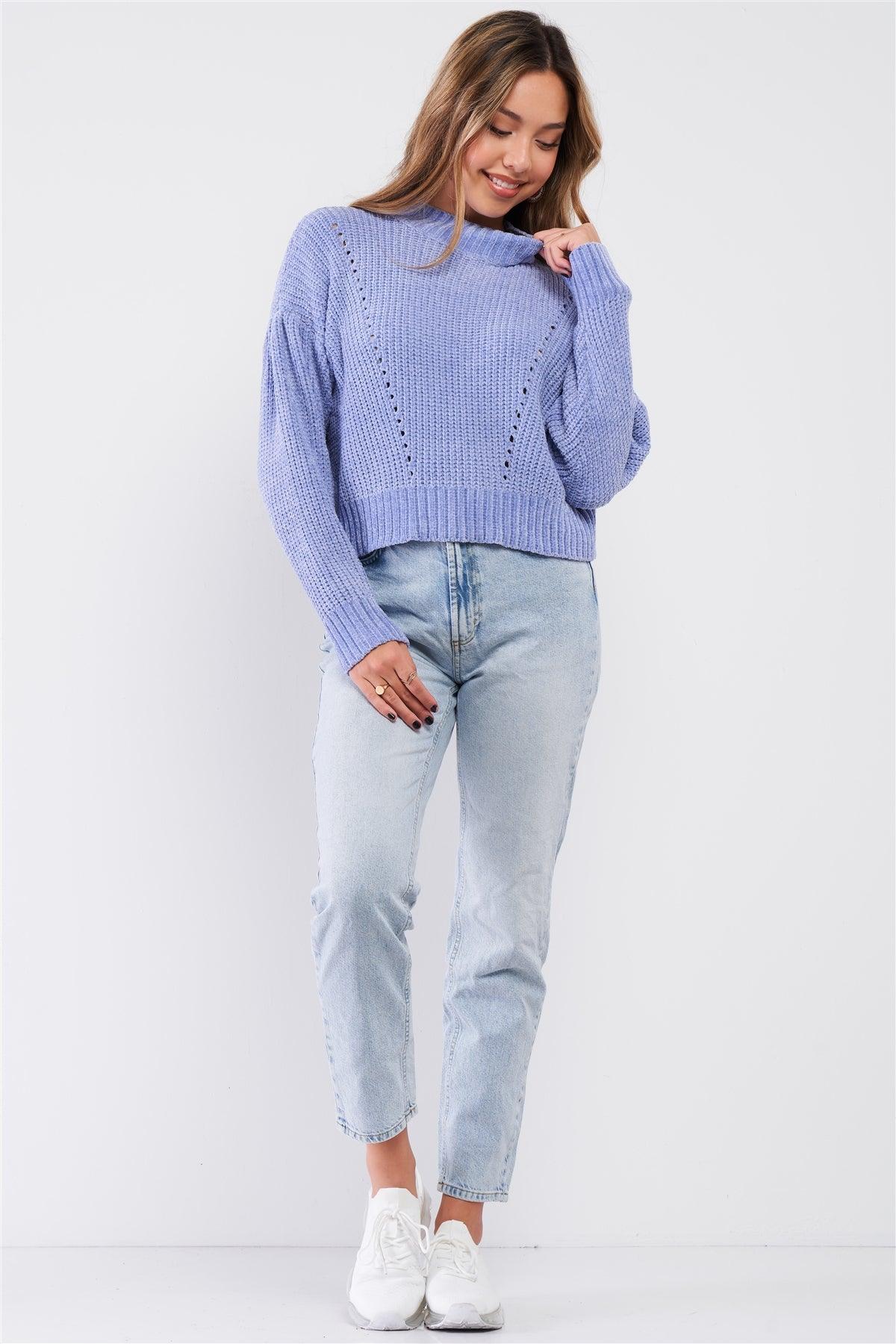 Lavender Blue Plush Cable Knit Ribbed Mock Neck Detail Crop Sweater /3-2-1