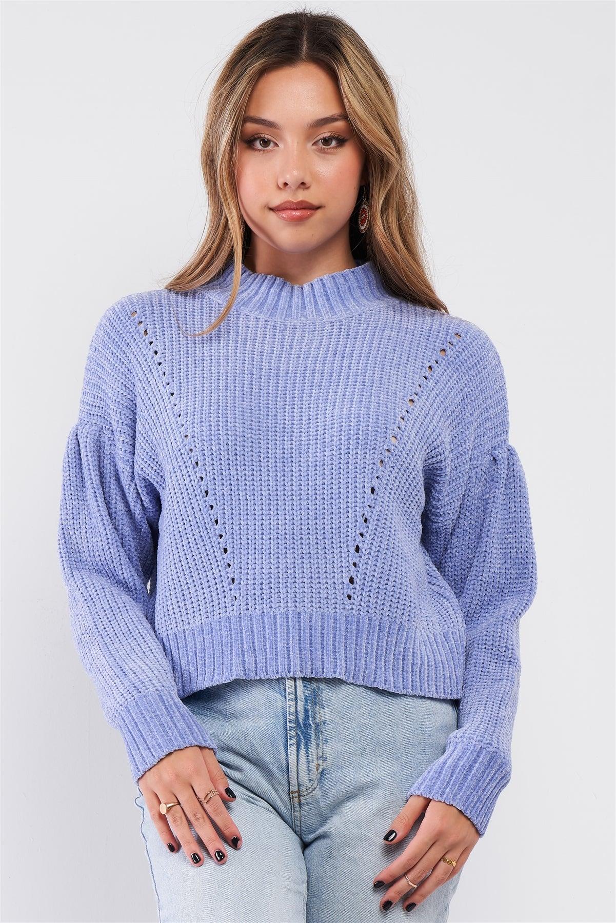 Lavender Blue Plush Cable Knit Ribbed Mock Neck Detail Crop Sweater /3-2-1