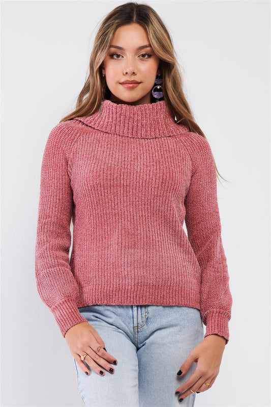 Mauve Ribbed Cowl Neckline Long Sleeve Cable Knit Sweater /3-2-1