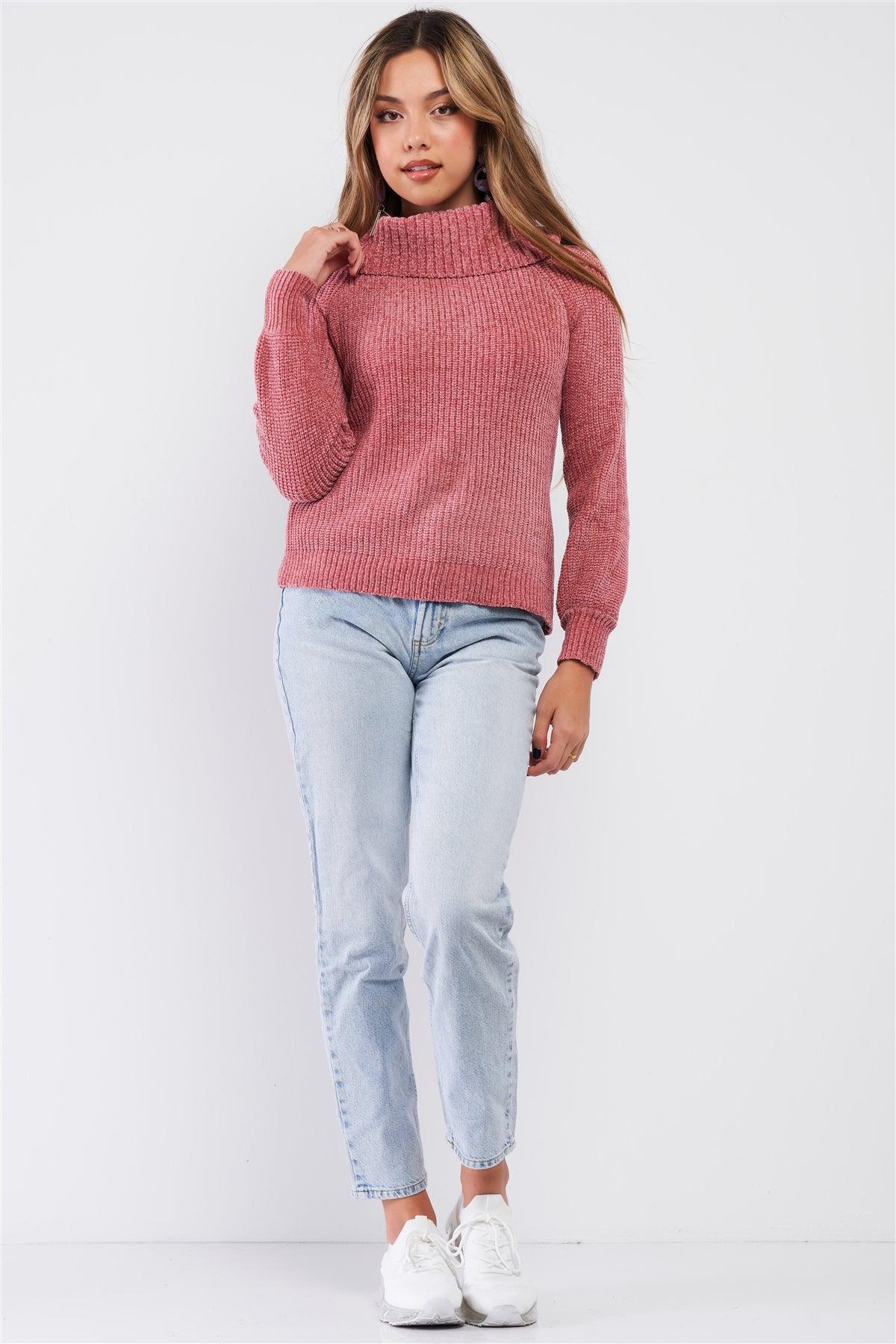 Mauve Ribbed Cowl Neckline Long Sleeve Cable Knit Sweater /3-2-1