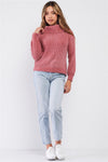 Mauve Ribbed Cowl Neckline Long Sleeve Cable Knit Sweater /4-2