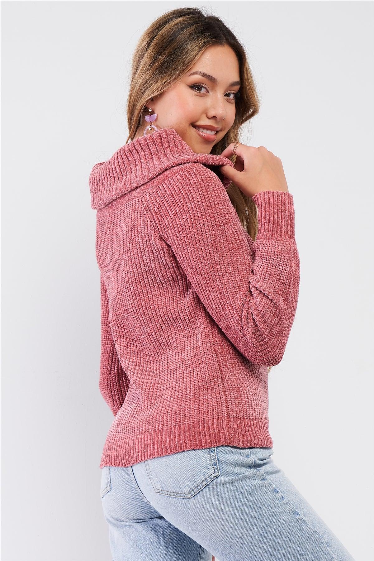 Mauve Ribbed Cowl Neckline Long Sleeve Cable Knit Sweater /4-2