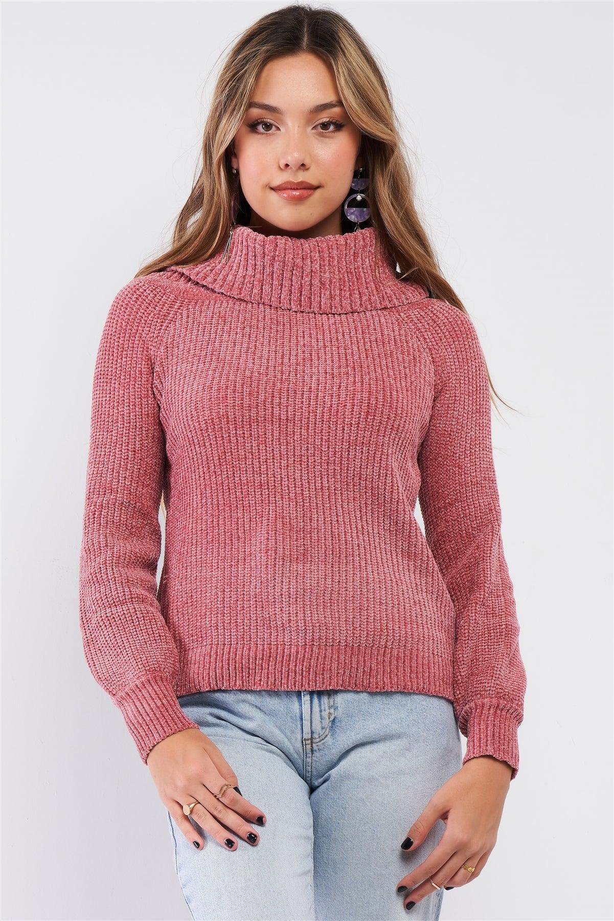 Mauve Ribbed Cowl Neckline Long Sleeve Cable Knit Sweater /4-2