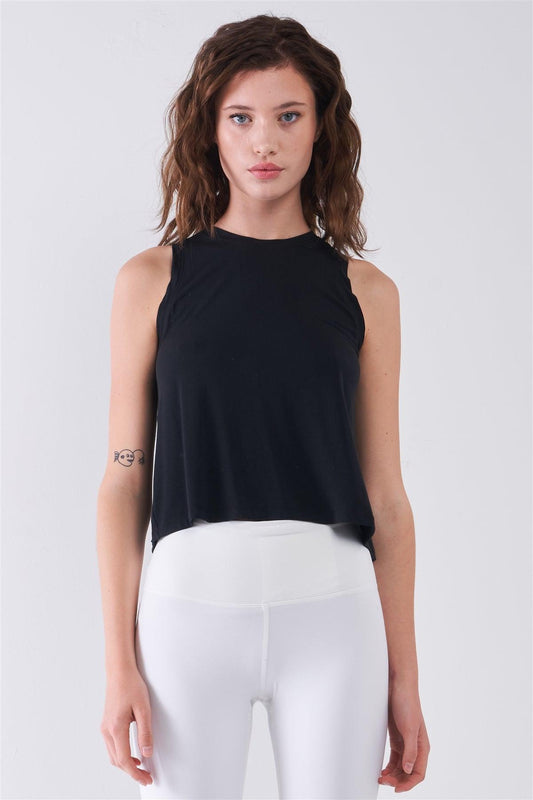 Black Sleeveless Crew Neck Ribbed Split Back Top /2-2-1