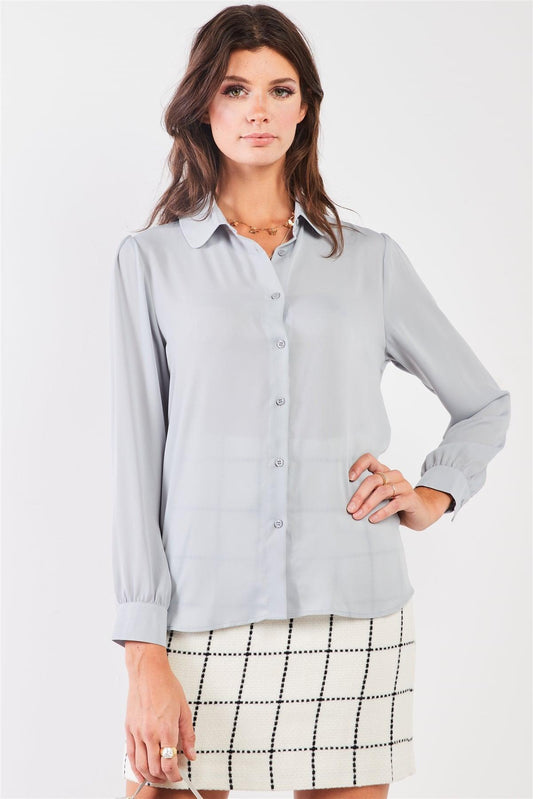 Tide Blue Long Sleeve Collared Neck Button-Down Front Blouse