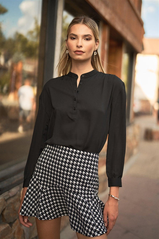 Black Long Bishop Sleeve Mock Neck Button-Down Front Relaxed Blouse Top