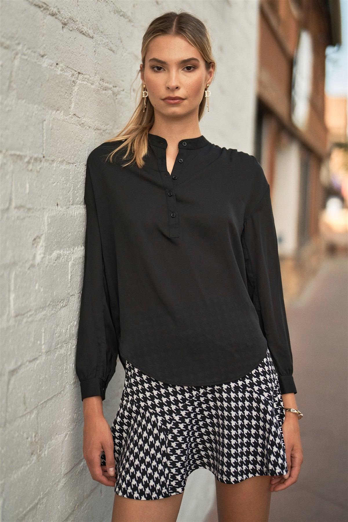 Black Long Bishop Sleeve Mock Neck Button-Down Front Relaxed Blouse Top /2-1-2