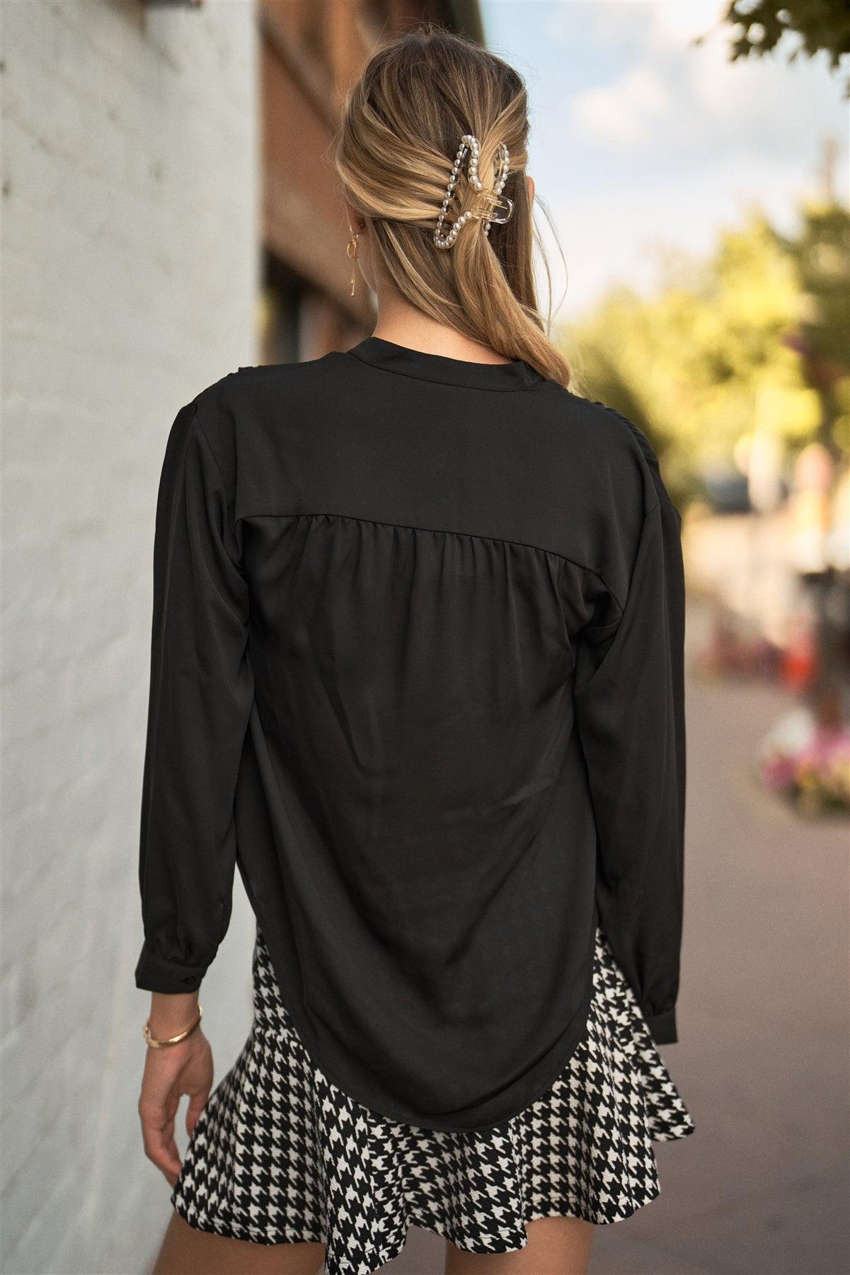 Black Long Bishop Sleeve Mock Neck Button-Down Front Relaxed Blouse Top /2-1-2