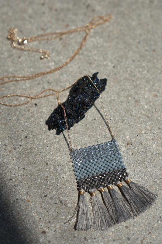 Grey Tassels & Beads Necklace /1 Piece