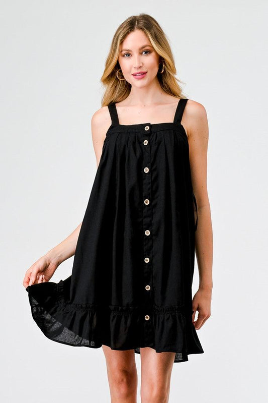 Black Cotton Button-Up Sleeveless Flare Hem Mini Dress /2-2-2