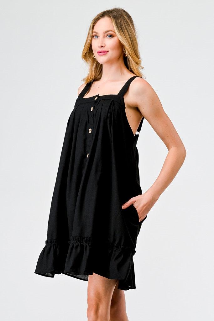 Black Cotton Button-Up Sleeveless Flare Hem Mini Dress /2-2-2