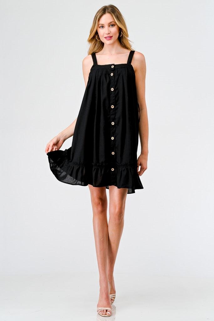 Black Cotton Button-Up Sleeveless Flare Hem Mini Dress /2-2-2