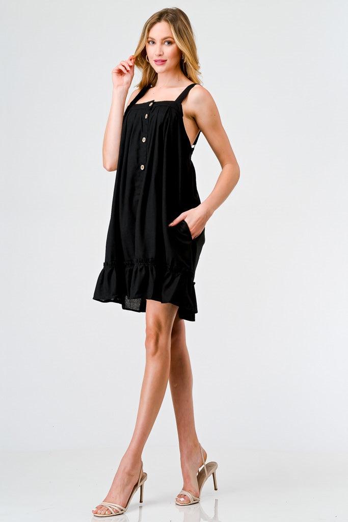 Black Cotton Button-Up Sleeveless Flare Hem Mini Dress /2-2-2