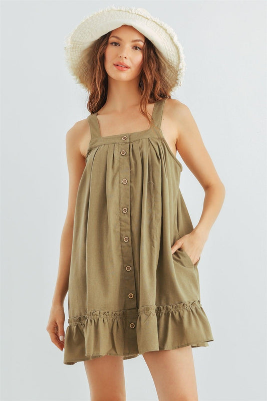 Olive Cotton Button-Up Sleeveless Flare Hem Mini Dress /2-2-2