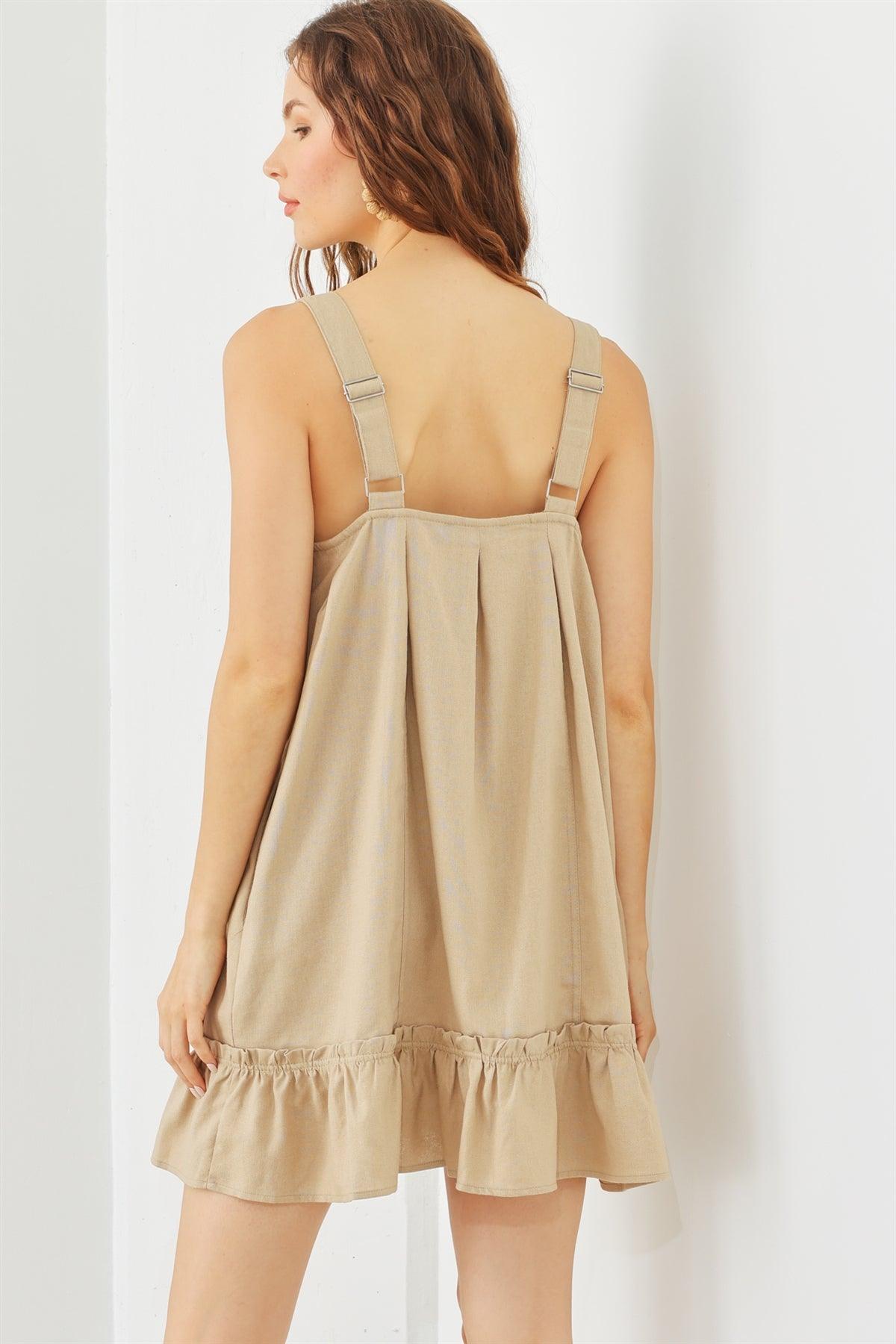 Taupe Cotton Button-Up Sleeveless Flare Hem Mini Dress /2-2-2