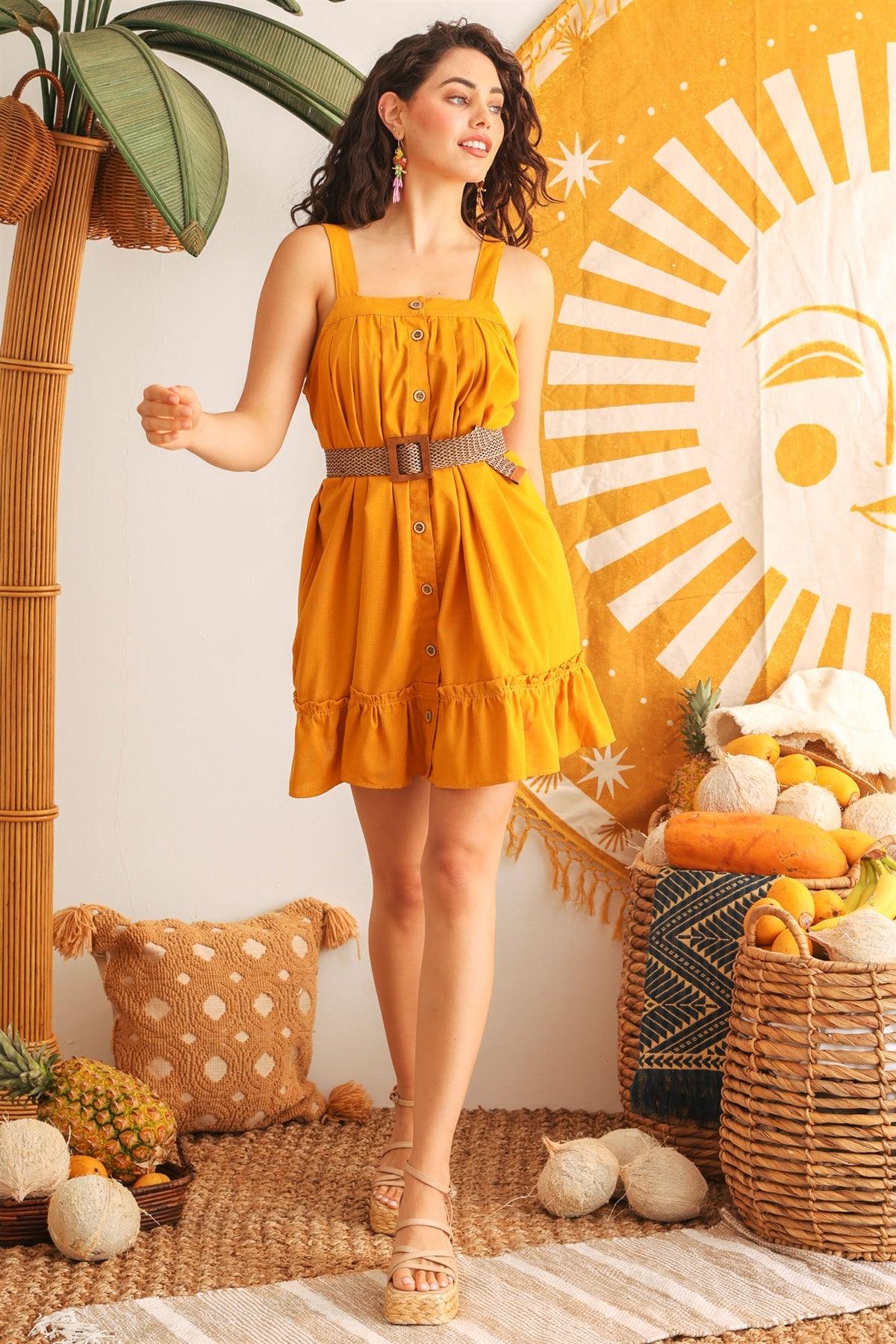 Yellow Cotton Button-Up Sleeveless Flare Hem Mini Dress /2-2-2