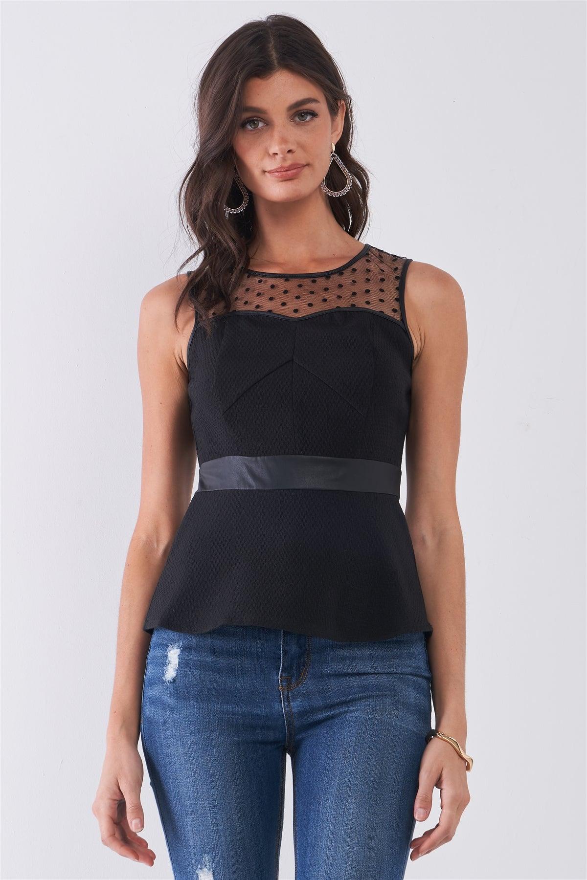 Black Sleeveless Combined Polka Dot Mesh Pleather Waist Detail Sweetheart Neck Fit & Flare Top /1-2-2-1