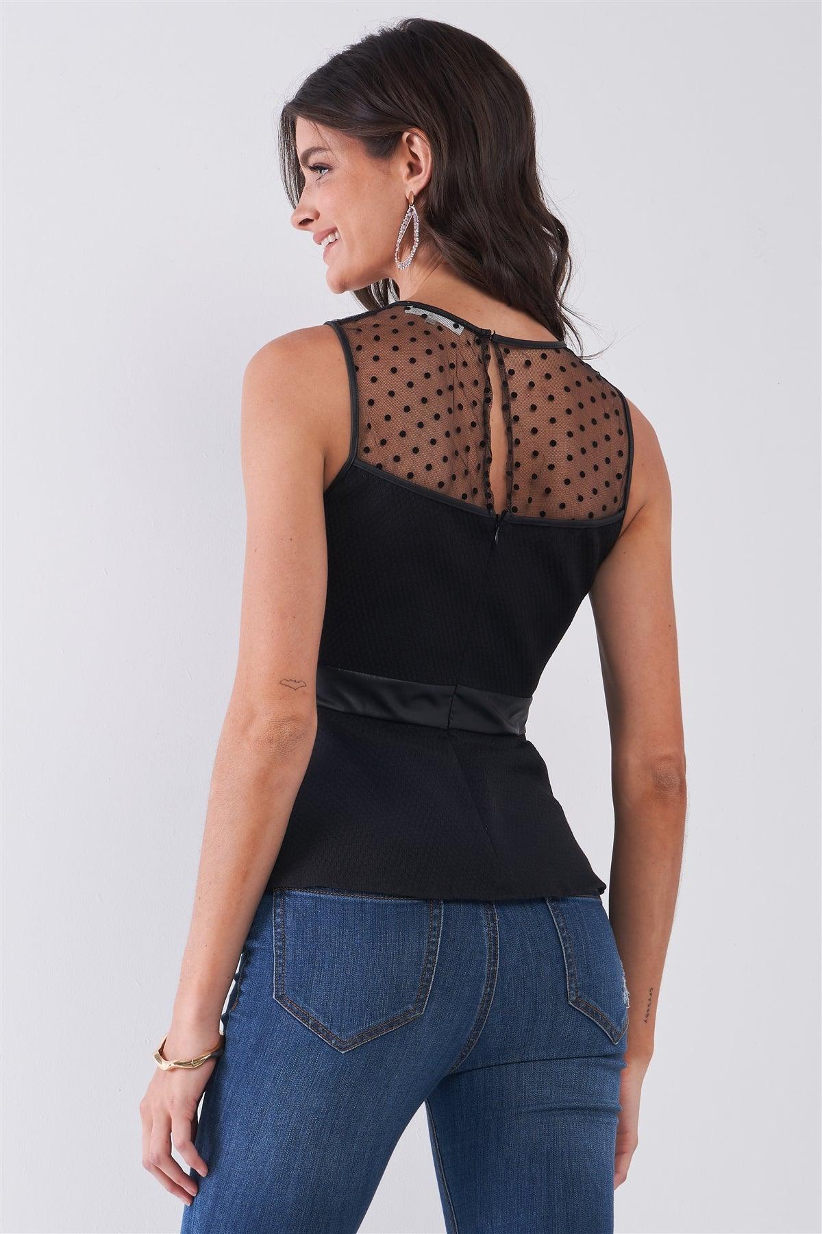 Black Sleeveless Combined Polka Dot Mesh Pleather Waist Detail Sweetheart Neck Fit & Flare Top /1-2-2-1