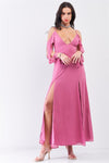 Thulian Pink Off-The-Shoulder Cut-Out Long Sleeve Deep Plunge V-Neck Slit Detail Maxi Dress /1-2-1-1-1 - Tasha Apparel Wholesale