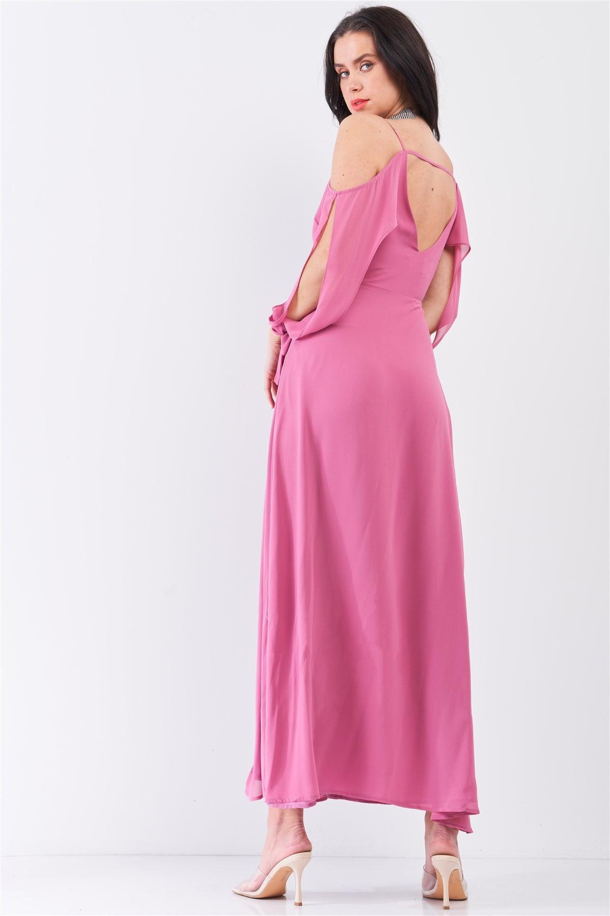 Thulian Pink Off-The-Shoulder Cut-Out Long Sleeve Deep Plunge V-Neck Slit Detail Maxi Dress /1-2-1-1-1